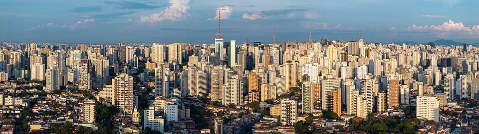 Vista aérea do centro de São Paulo entre edifícios e áreas arborizadas