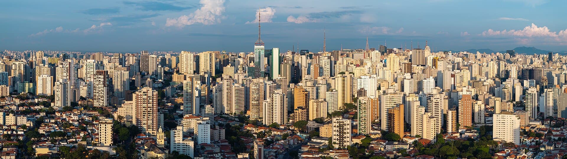 Vista aérea do centro de São Paulo entre edifícios e áreas arborizadas